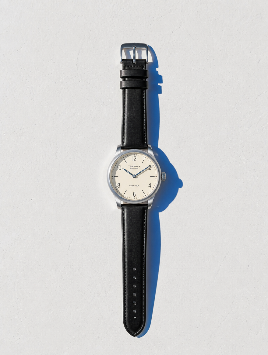Tempora Chronos Quiet Hour completo en flat lay sobre pared Santorini